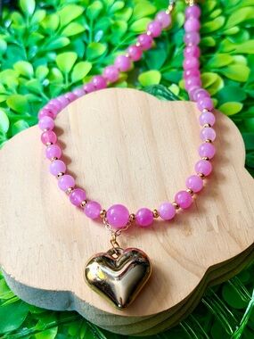 Gold Heart Pendant Necklace with Pink Beads Handmade